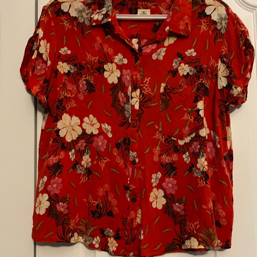 O'Neill Red Tropical Smocked Blouse